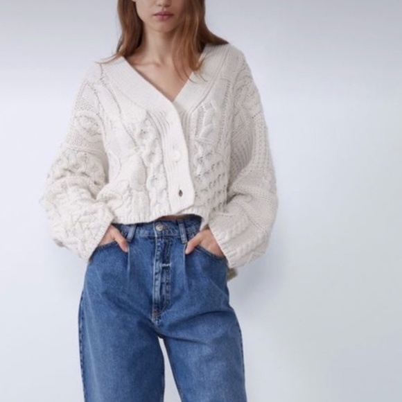 Zara Sweaters - Zara Chunky Cable Knit Patchwork Cropped Cardigan NWT